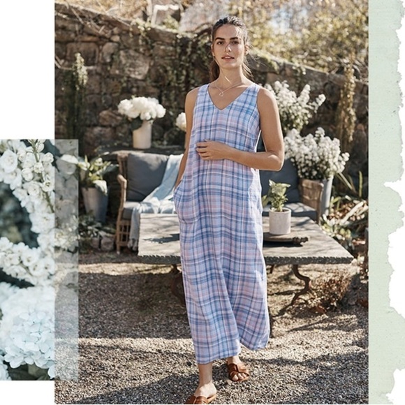 J Jill The Madras Maxi Dress 100% Linen Sleeveless Relaxed Fit Pockets Blue Sz M - Picture 14 of 14